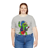 Heather gray T-shirt featuring punk triceratops playing a red electric guitar print
