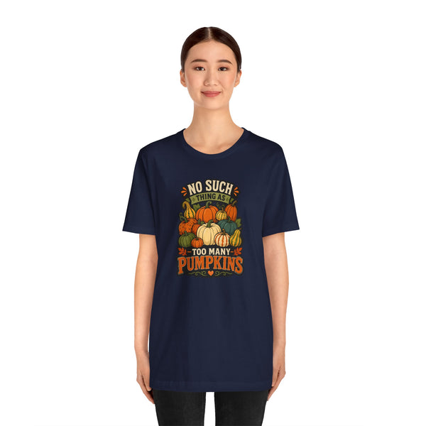 Navy crewneck T-shirt with front pumpkin graphic, shown on a model