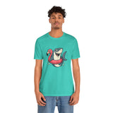 Teal crew-neck T-shirt featuring shark and flamingo floatie graphic, front view