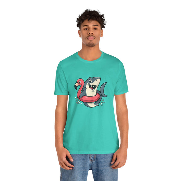 Teal crew-neck T-shirt featuring shark and flamingo floatie graphic, front view
