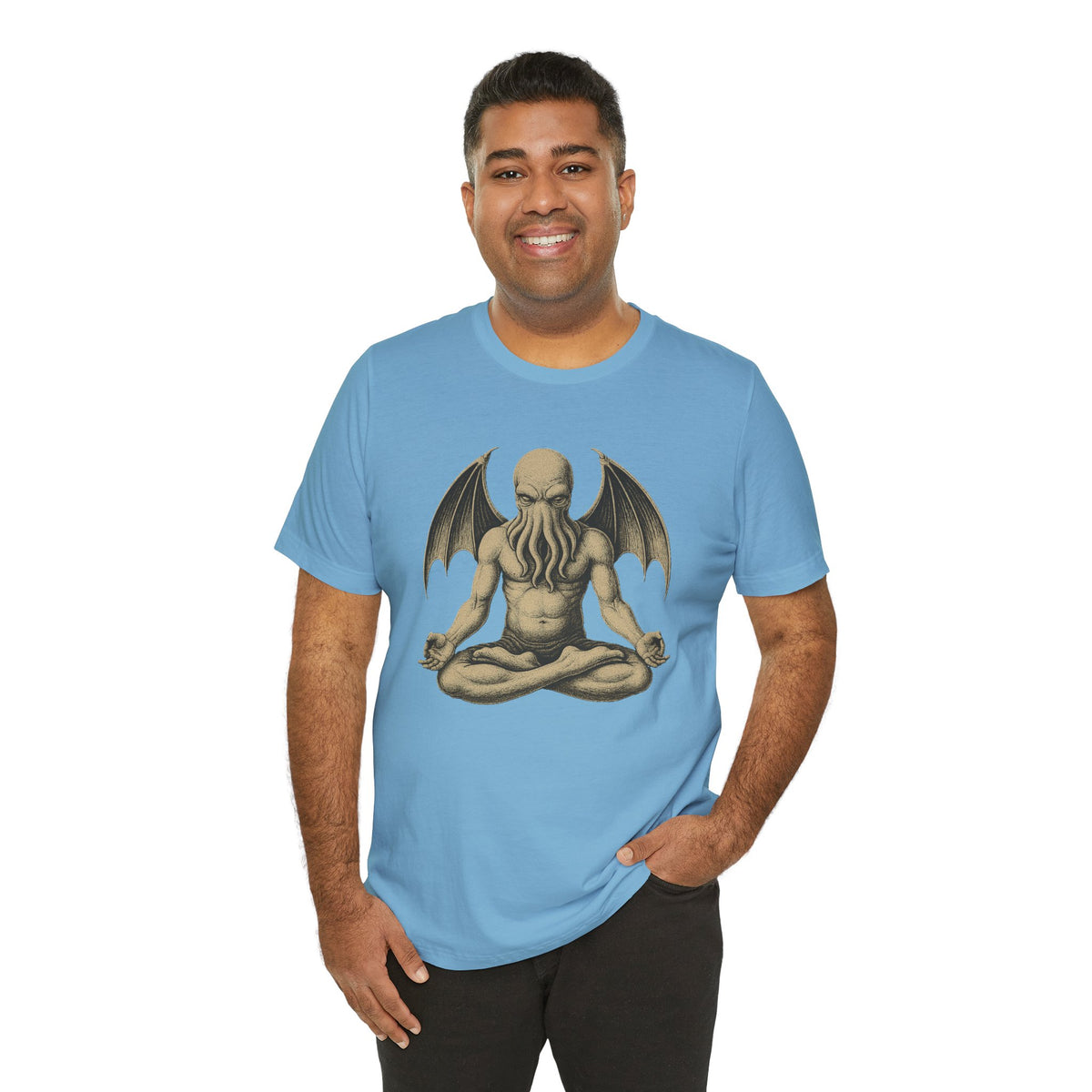 Light blue unisex crewneck t-shirt with meditating monster graphic, short sleeves