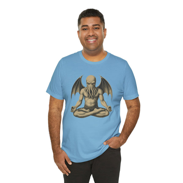 Light blue unisex crewneck t-shirt with meditating monster graphic, short sleeves