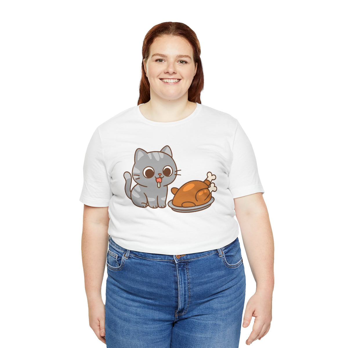 White t-shirt with cute cat and turkey graphic, front view