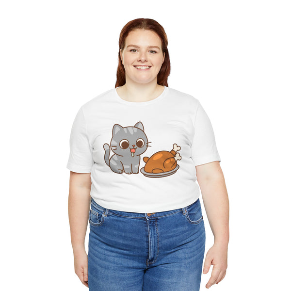 White t-shirt with cute cat and turkey graphic, front view