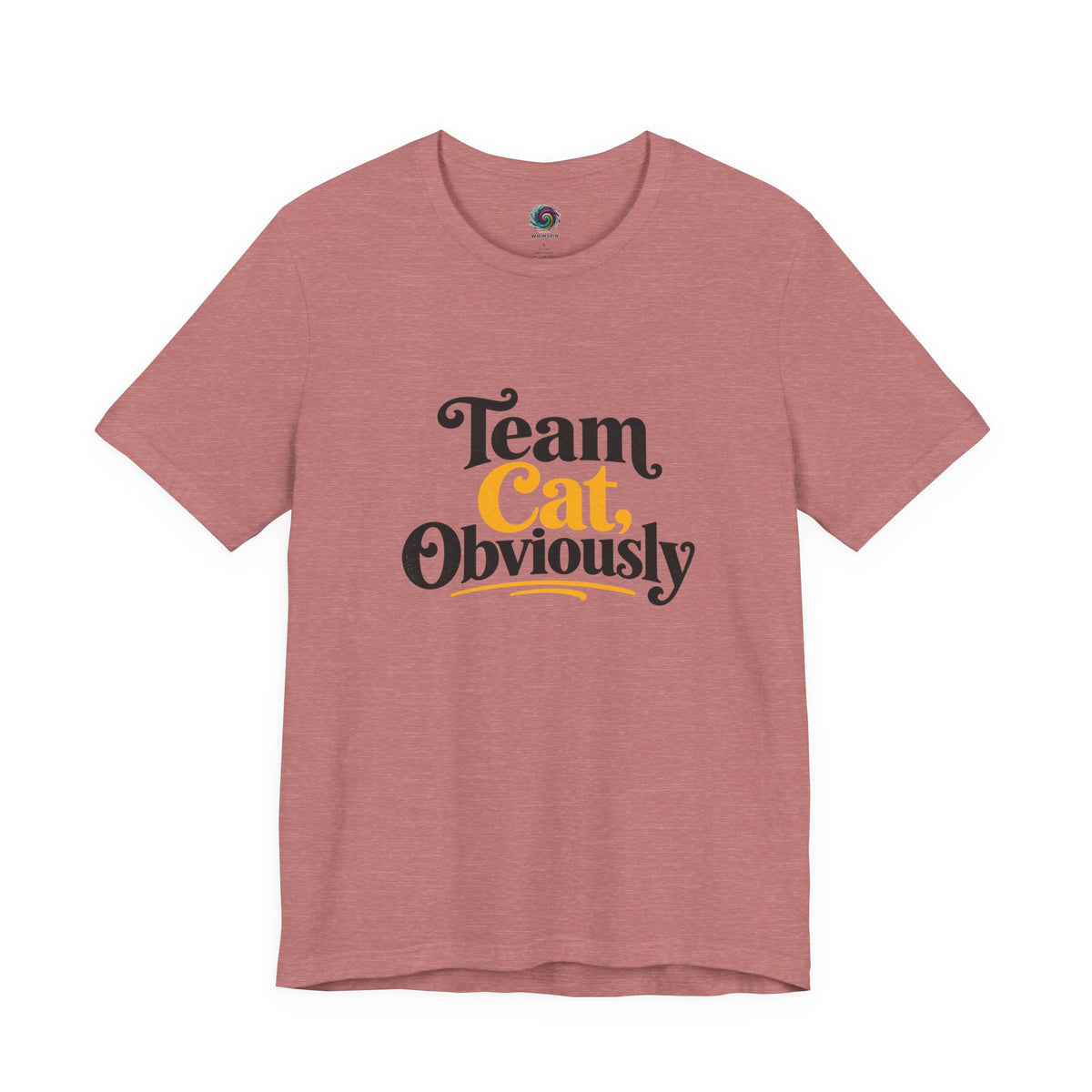 Dusty rose crewneck T-shirt with 'Team Cat, Obviously' lettering graphic