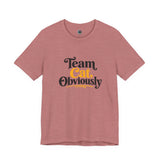 Dusty rose crewneck T-shirt with 'Team Cat, Obviously' lettering graphic