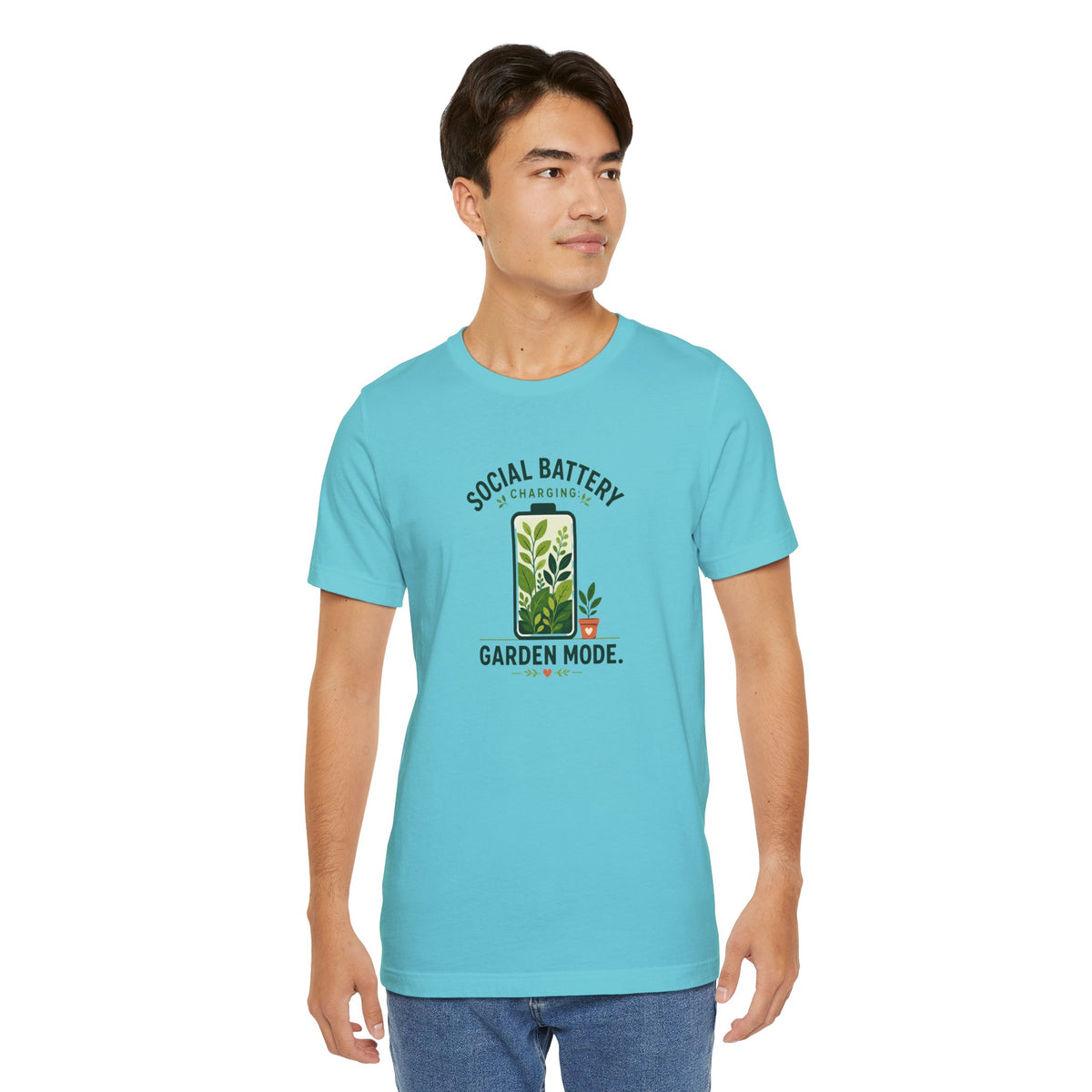 Turquoise short-sleeve T-shirt with garden mode battery graphic, front view
