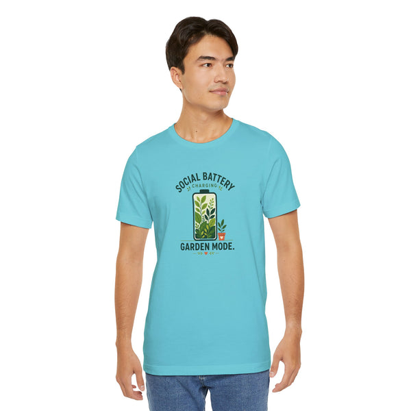 Turquoise short-sleeve T-shirt with garden mode battery graphic, front view