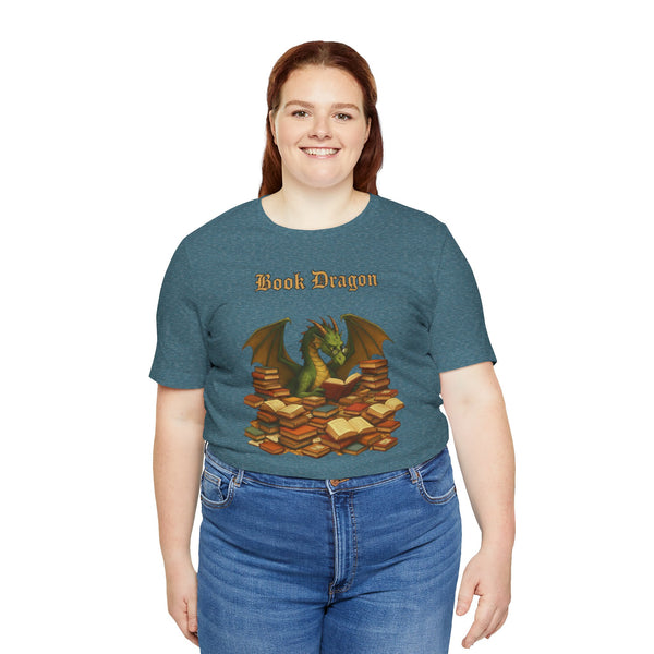Women’s teal heather Book Dragon t-shirt with front orange text and dragon illustration