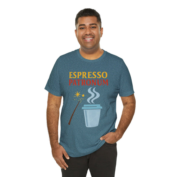 Teal heather crew-neck T-shirt with ESPRESSO PATRONUM coffee graphic, relaxed pose