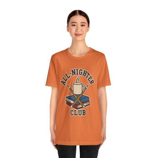 Orange crewneck T-shirt with All-Nighter Club coffee and books graphic