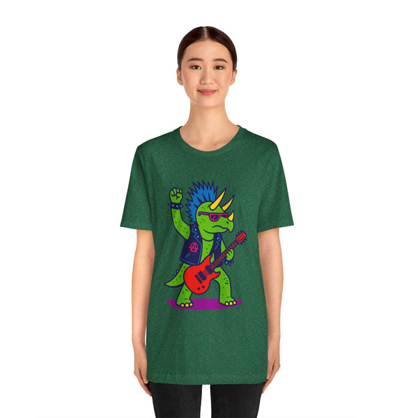 Heather grass green t-shirt with punk triceratops electric guitar colorful front print
