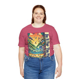 Pink graphic T-shirt on model with rectangular front print and short sleeves