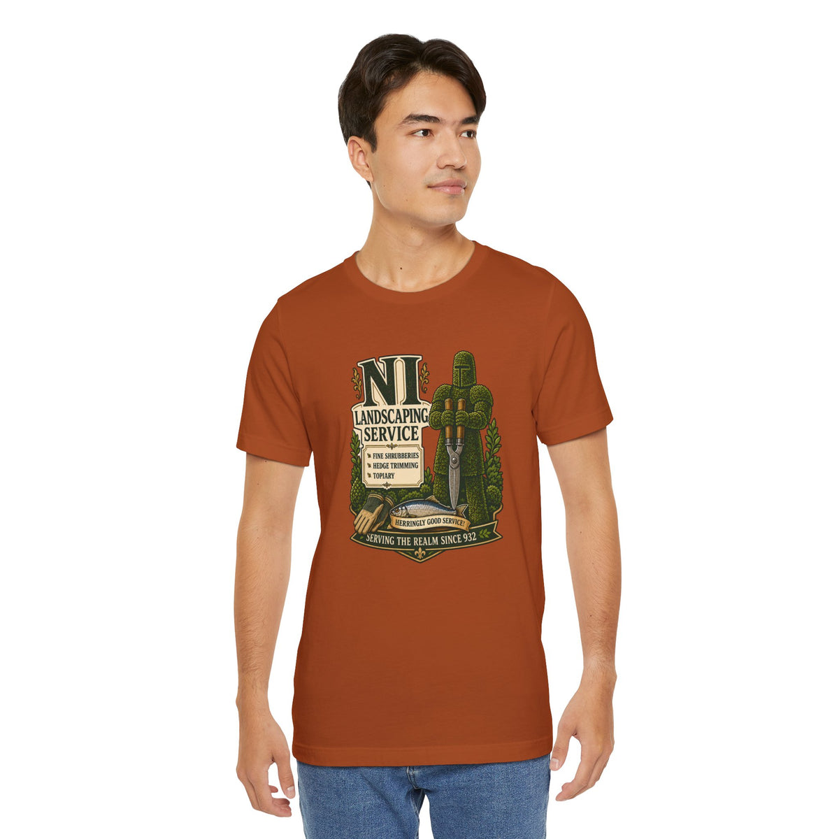 Rust orange crew-neck T-shirt with centered “Landscaping Service” graphic print