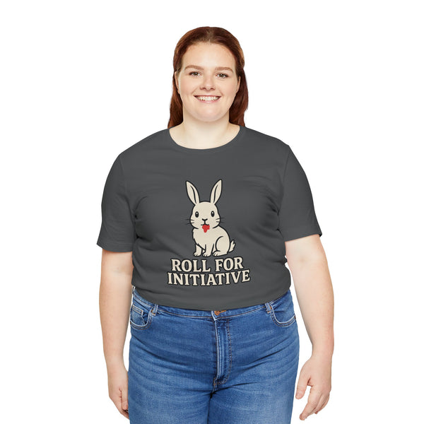 Dark gray t-shirt on model with rabbit graphic and "ROLL FOR INITIATIVE" text