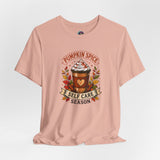 Dusty pink crew-neck T-shirt with Pumpkin Spice Self Care Season coffee graphic