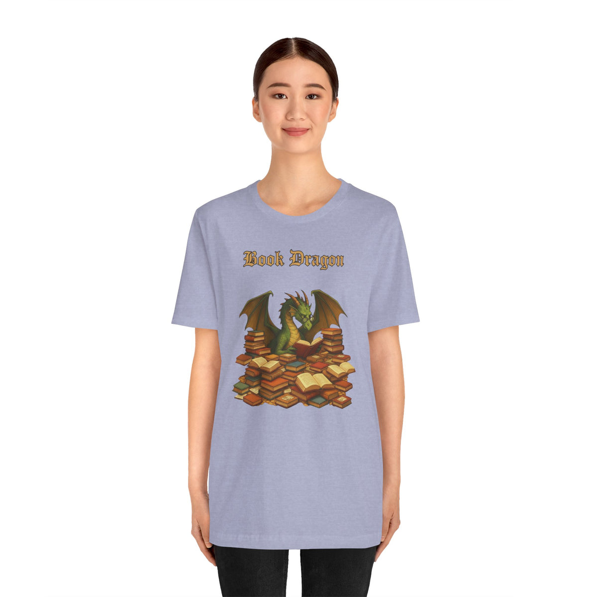 Lavender crew-neck T-shirt with Book Dragon text and dragon reading on book stack