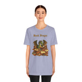 Lavender crew-neck T-shirt with Book Dragon text and dragon reading on book stack