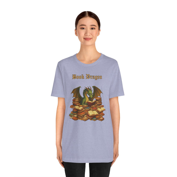 Lavender crew-neck T-shirt with Book Dragon text and dragon reading on book stack