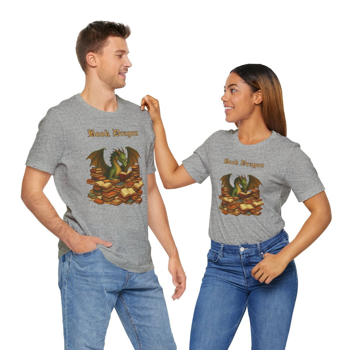 Heather gray crewneck T-shirt set with Book Dragon graphic on both shirts