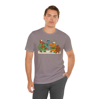 Dinosaur Snowball Fight T-Shirt – Funny Winter Dino Graphic Tee