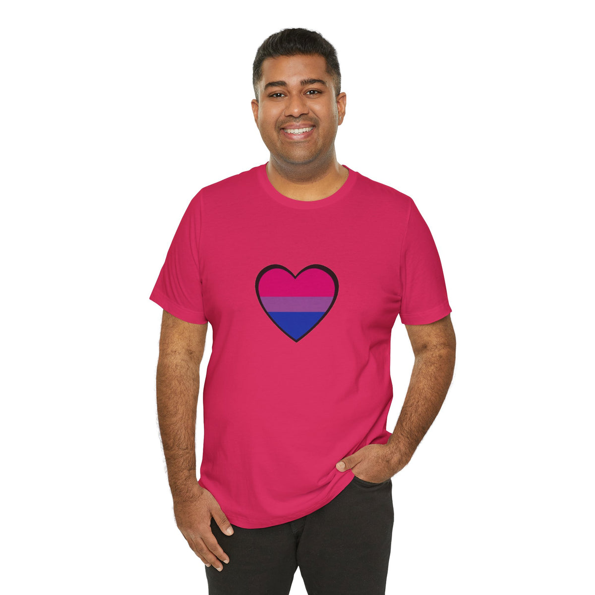 Pink crew-neck T-shirt with large heart graphic in blue and pink pride colors