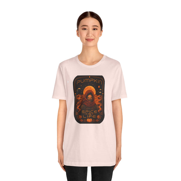 Light pink unisex T-shirt with centered orange pumpkin alien spice-life graphic