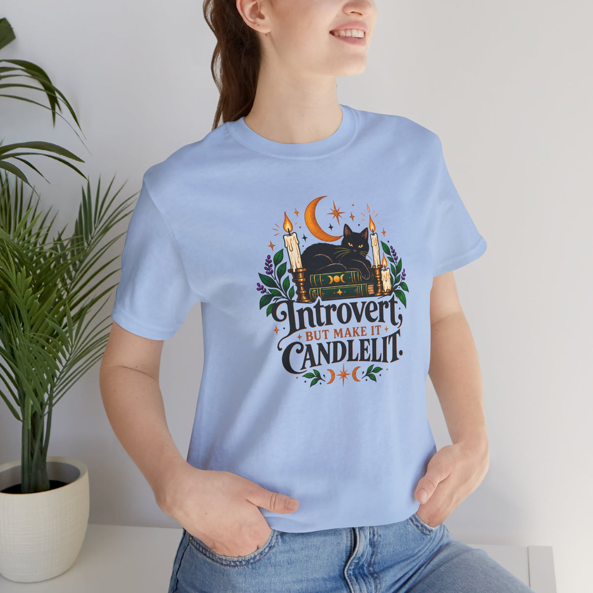 Introvert But Make It Candlelit T-shirt - Witchy Bookish Cat Tee