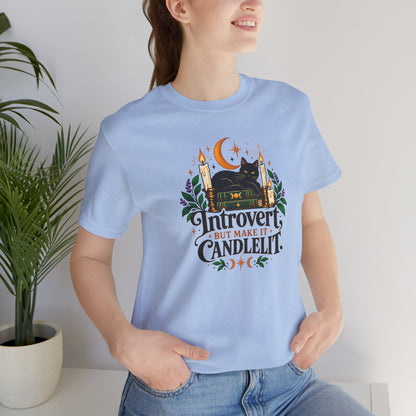 Introvert But Make It Candlelit T-shirt - Witchy Bookish Cat Tee