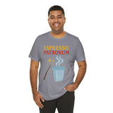Heather gray t-shirt with “ESPRESSO PATRONUM” text and coffee cup illustration