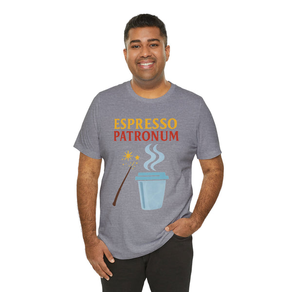 Heather gray t-shirt with “ESPRESSO PATRONUM” text and coffee cup illustration