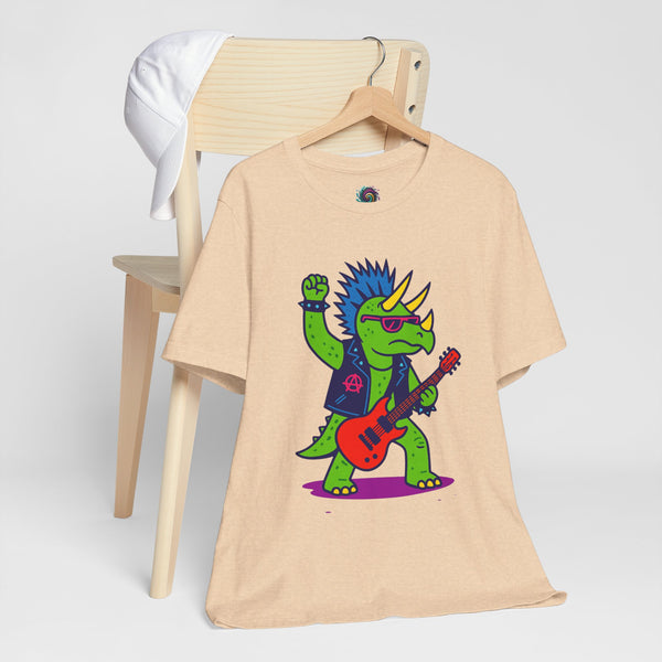 Beige T-shirt on hanger featuring punk triceratops playing a red electric guitar graphic