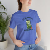 Blue crew-neck T-shirt with “Social Battery” garden mode text and plant graphic