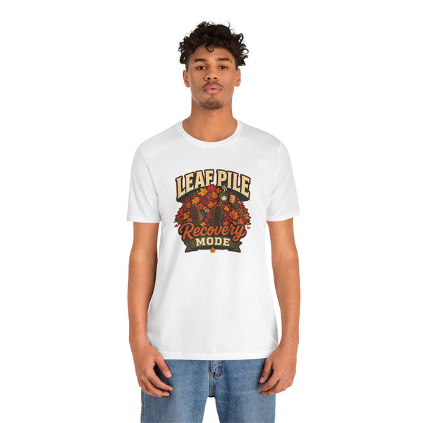 White crew-neck T-shirt with 'Leaf Pile Recovery Mode' autumn leaves graphic