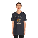 Dark gray crewneck T-shirt with chicken and egg graphic and 