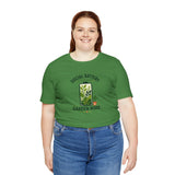 Green short-sleeve graphic T-shirt featuring “SOCIAL BATTERY” and “GARDEN MODE” print