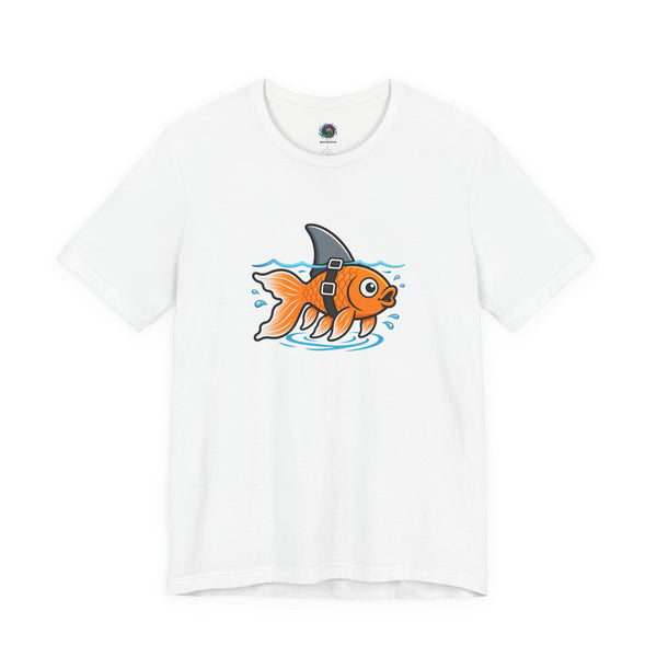 White graphic T-shirt with orange fish-shark swimming front print