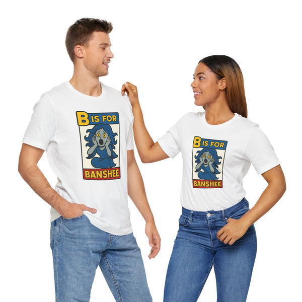 Two people in white crew-neck T-shirts with matching B is for Banshee graphic print
