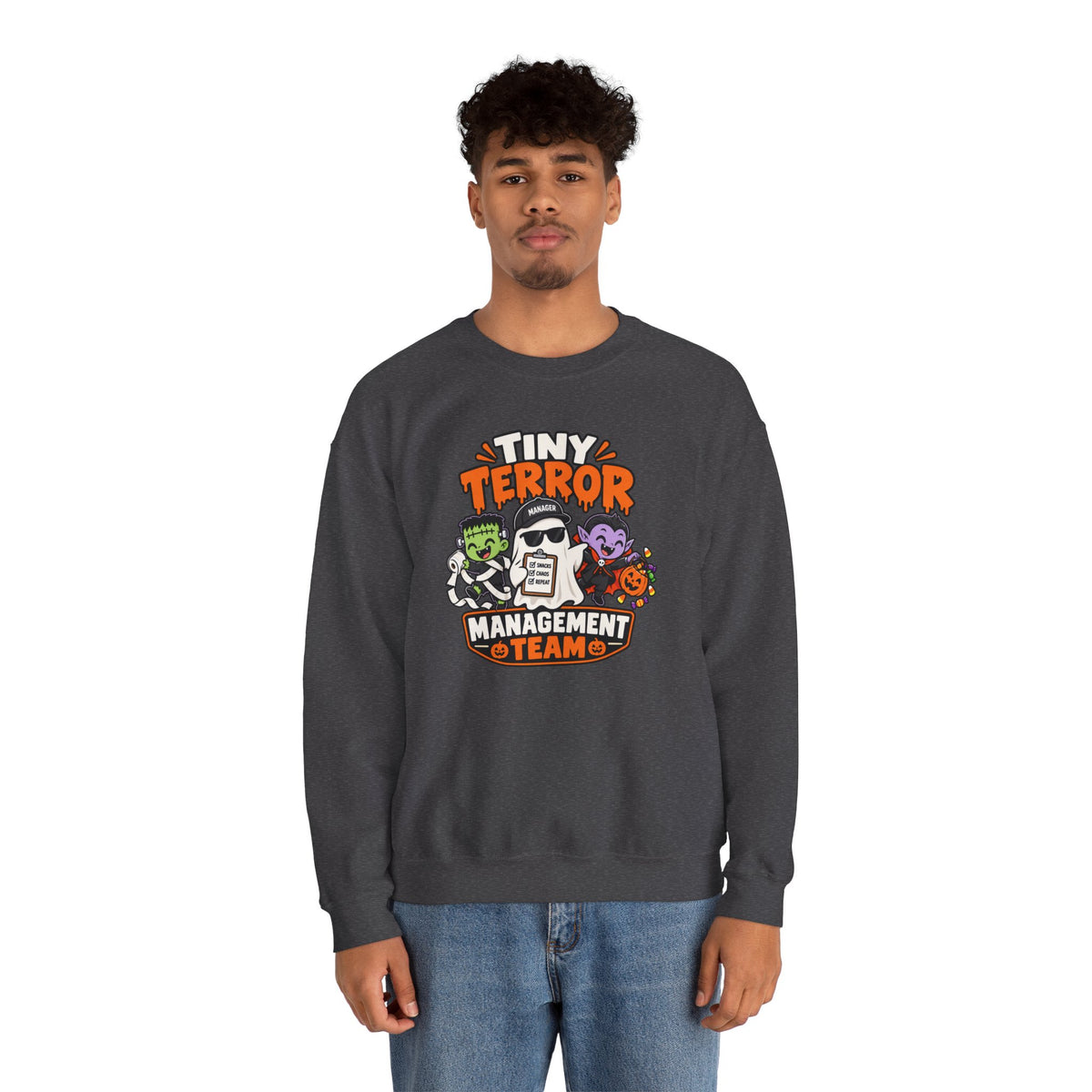 Tiny Terror Management Team Sweatshirt – Funny Halloween Parent Crewneck