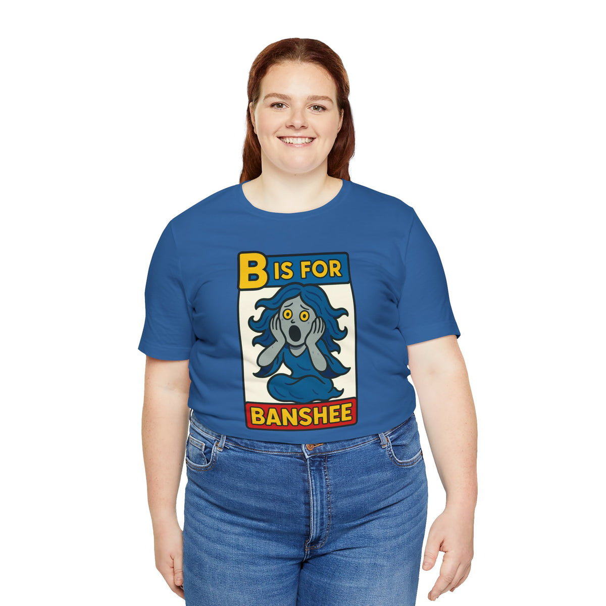 Blue crew-neck T-shirt with 'B is for Banshee' alphabet design, short sleeves