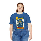 Blue crew-neck T-shirt with 'B is for Banshee' alphabet design, short sleeves