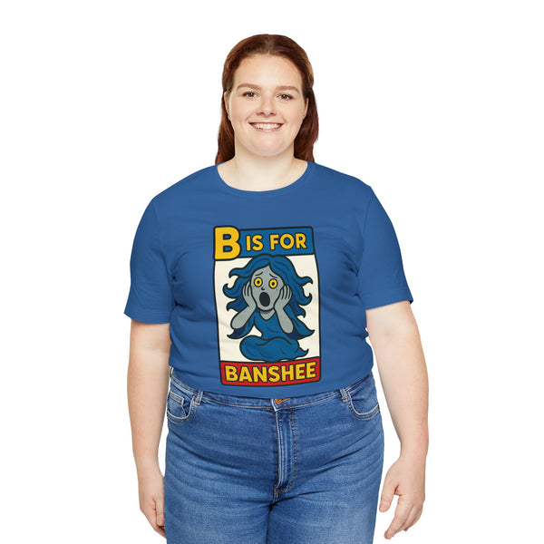 Blue crew-neck T-shirt with 'B is for Banshee' alphabet design, short sleeves