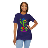 Dark purple crewneck T-shirt with green punk triceratops holding a red guitar graphic