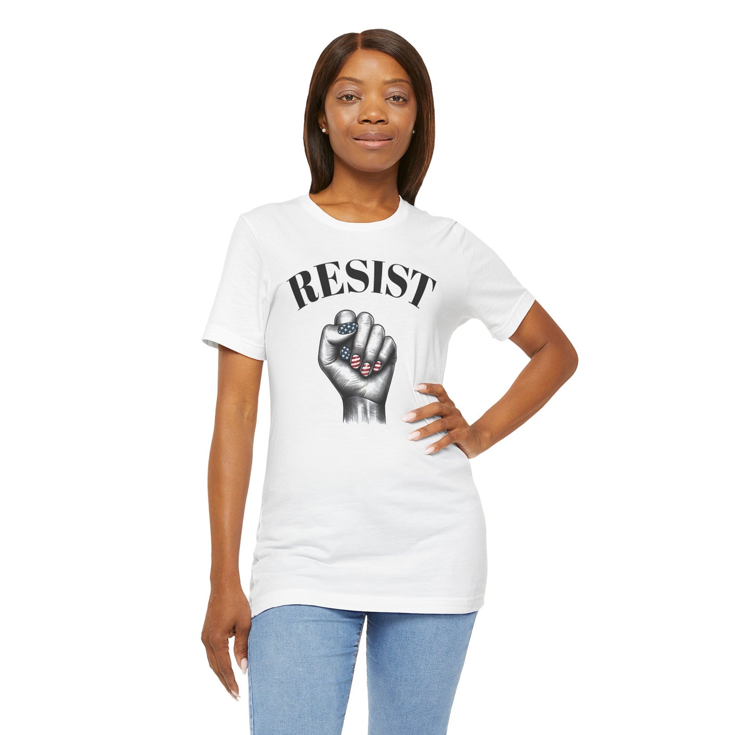 Resist Feminist Power Fist Tee – USA Flag Nails Protest Shirt