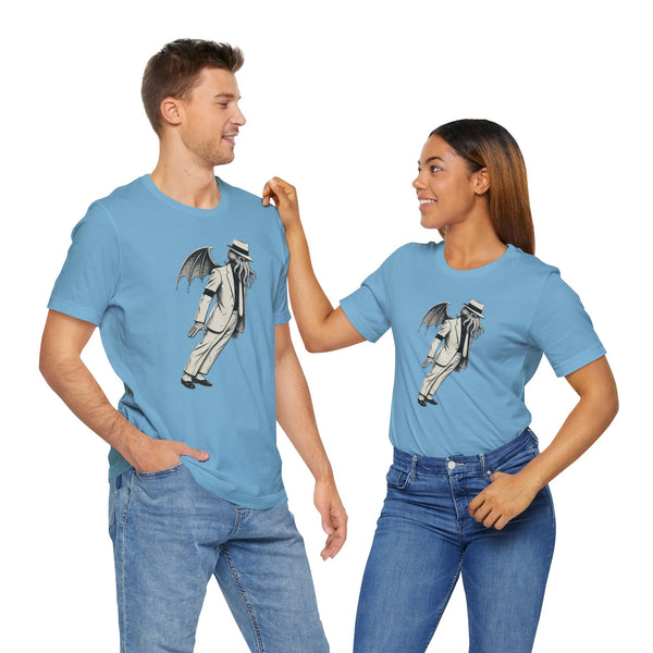 Light blue crewneck graphic t-shirts with winged top-hat character print, couple style