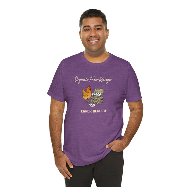 Purple crewneck T-shirt with chicken and egg-crate illustration and “Crack dealer” slogan