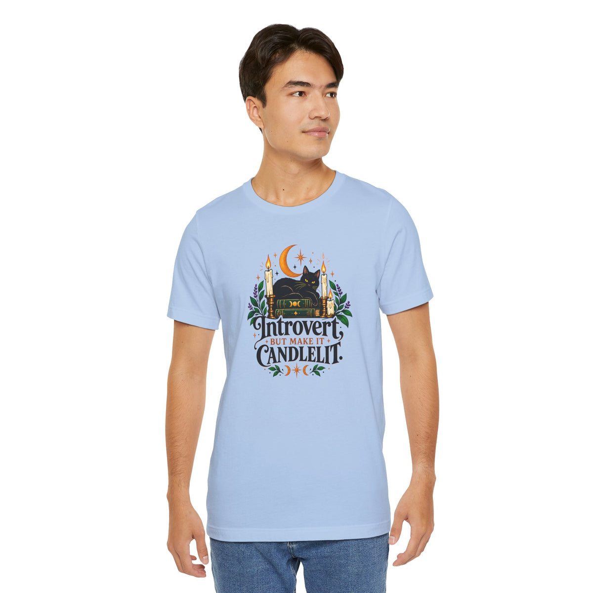 Introvert But Make It Candlelit T-shirt - Witchy Bookish Cat Tee