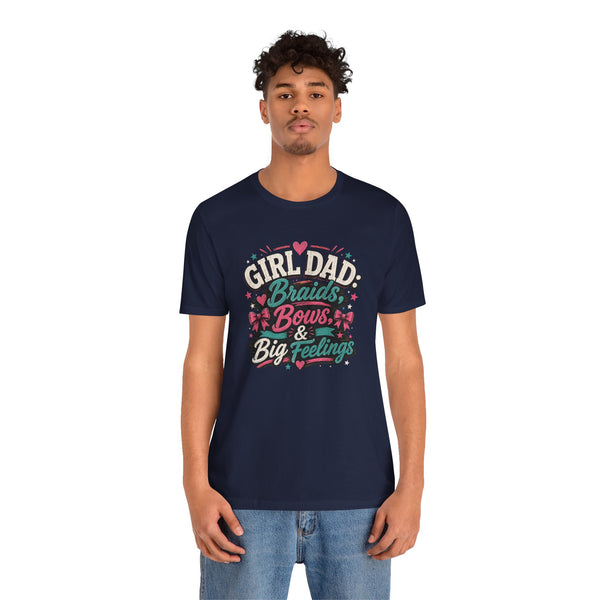 Navy graphic T-shirt with “Girl Dad Braids Bows & Big Feelings” front print