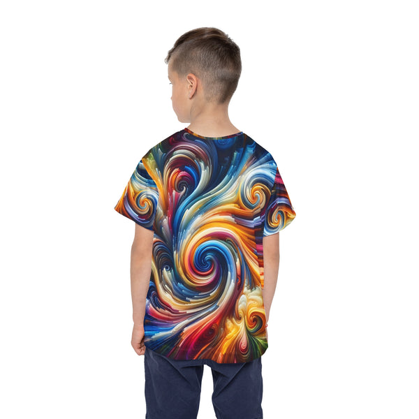 Kids' short-sleeve crew neck tee, all-over rainbow vortex swirl pattern (back view)