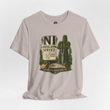 Taupe crewneck T-shirt with front NL landscaping service graphic print
